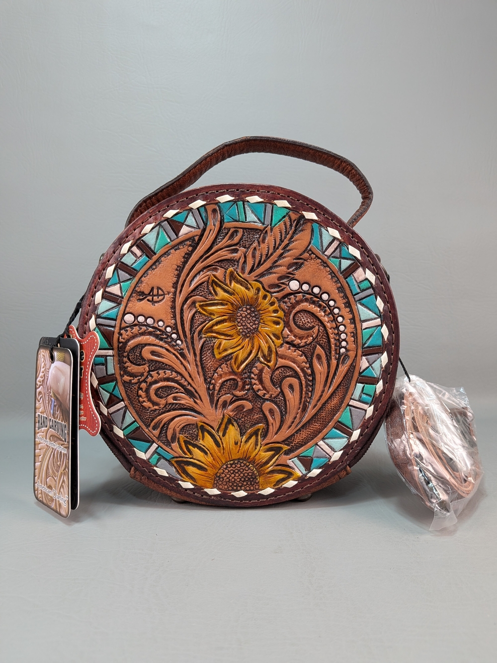 American Darling Sunflower Canteen Tooled Crossbody Bag Western  ADBG1188C Round